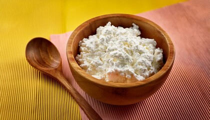 creamy cottage cheese delight in a wooden bowl with a spoon sits against a colorful backdrop perfect for breakfast and diet