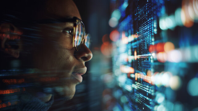 AI cyber security threat concept, black african american man analysing artificial intelligence scams, data risks and leaks, IT worker, AI in hacking coding, digital security, stock market, AI trading	 - Powered by Adobe