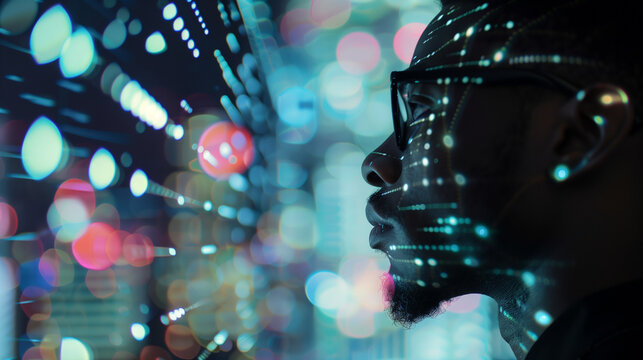 AI cyber security threat concept, black african american man analysing artificial intelligence scams, data risks and leaks, IT worker, AI in hacking coding, digital security, stock market, AI trading	 - Powered by Adobe