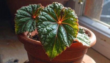 Vibrant, variegated leaves of a bejeweled begonia plant in a terracotta pot, bathed in sunlight.