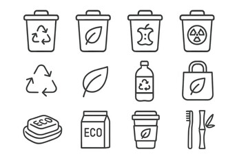 Obraz premium Eco and Recycling Line Icons Set – Sustainable Lifestyle, Waste Sorting, Zero Waste, Green Living
