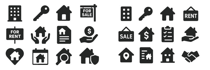 Icon collection representing real estate concepts including sale, rent, and property management activities