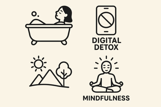 Digital Detox and Mindfulness Icons – Relax, Meditation, Wellness Set