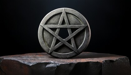 ancient stone monument depicting a pentagram symbol against a stark black background for symbolic