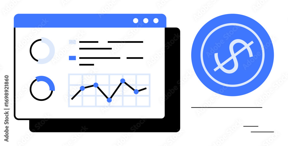 Aufkleber analytics dashboard with charts, graphs, and dollar icon displaying financial metrics. ideal for bus