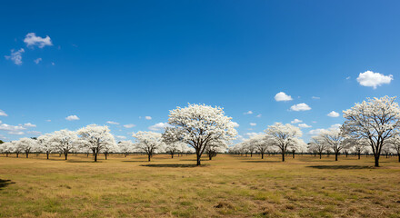 Wide open field with white ipê trees blooming under a clear blue sky, peaceful atmosphere