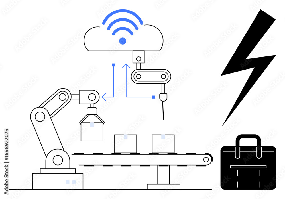 Poster robotic arm producing assembly line items connected to a cloud for data exchange and control. ideal 