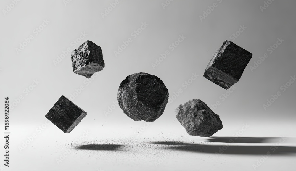 Poster abstract grayscale image of several floating, textured cubes and a sphere