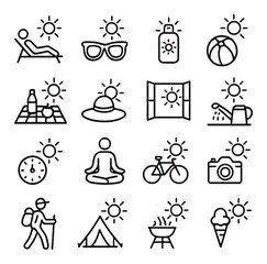 Fototapeta premium Outdoor activities linear icons set. featuring hiking, camping, cycling, picnic, and sun symbols