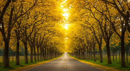 Fototapeta premium Rural road bordered by blooming ipê trees, forming a natural tunnel of flowers