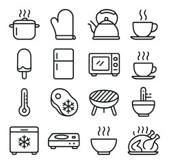 Cooking and kitchen linear icons set. featuring pot, oven mitt, kettle, tea cup, popsicle, fridge, microwave, thermometer, steak, grill, whisk, freezer, hot plate, soup, and roast chicken symbols