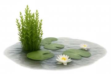 Tranquil water lily pond, crystal-clear surface adorned with white blossoms and verdant aquatic vegetation, reflecting peaceful wilderness