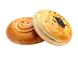 Two small, perfectly round baked buns with a glossy, golden-brown finish.