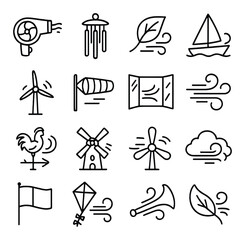 Wind and air linear icon set. featuring hairdryer, wind chime, leaf, sailboat, wind turbine, windsock symbols