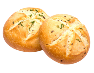 Two small, round baked buns with a smooth, light brown surface and a soft, fluffy texture.