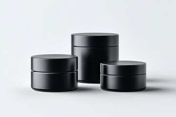 Three matte black cylindrical cosmetic jars of varying sizes stand on a plain white surface