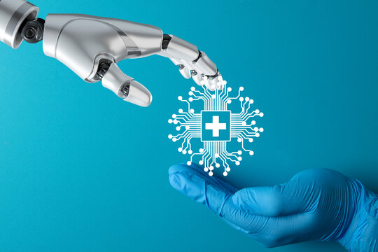 A robot hand and a doctor's hand with a medical technology icon. A concept for human and AI collaboration in healthcare, robotic-assisted surgery, and the future of medicine.