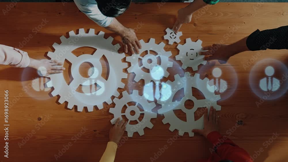 Poster a dynamic teamwork scene involving hands collaborating over gears symbolizing ideas and solutions in