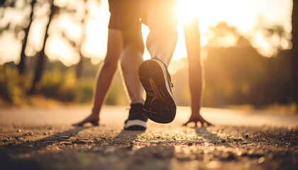 Runner poised at starting line, golden hour light
