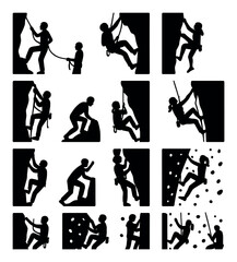 Naklejka premium Rock climbing silhouette icon set. featuring rock climber, belay, rappel, ascent, bouldering, and wall climbing symbols