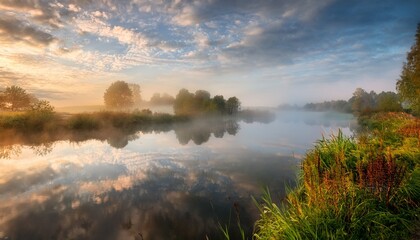 a serene misty river landscape with reflections and soft clouds