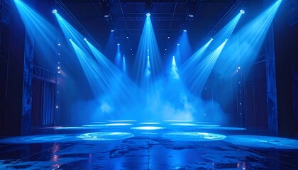 Stage lit with vibrant blue spotlights