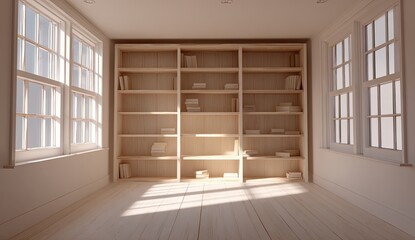 A sunlit room with a light wooden bookcase