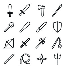 Fototapeta premium Medieval weapons linear icon set. featuring sword, axe, spear, mace, shield, bow, dagger, and trident