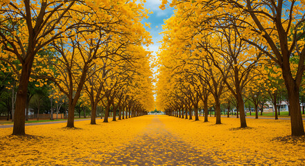 Fototapeta premium Boulevard with yellow tabebuia trees in bloom, petals scattered on the sidewalks