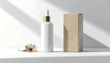 A minimalist,  shot highlights a blank white bottle with a gold dropper cap and a complementary neutral-toned box, evoking a sophisticated and serene aesthetic.