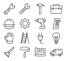 Construction tools linear icon set. featuring wrench, hammer, toolbox, helmet, gear, drill, and more