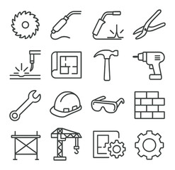 Fototapeta premium Construction tools linear icon set. saw, welder, pliers, blueprint, hammer, drill, wrench, hard hat, crane, gear