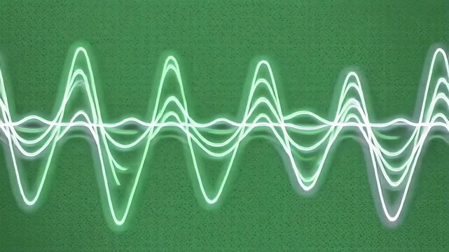 Green oscilloscope screen displays complex waveform patterns, representing data or sound analysis.