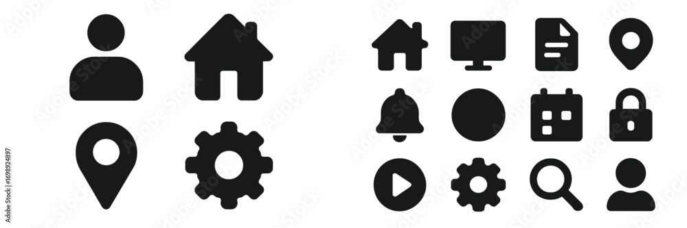 Aufkleber icon collection illustrating various digital elements and symbols for navigation and organization in