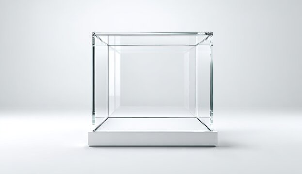 Empty glass display case, cube shape, on white base