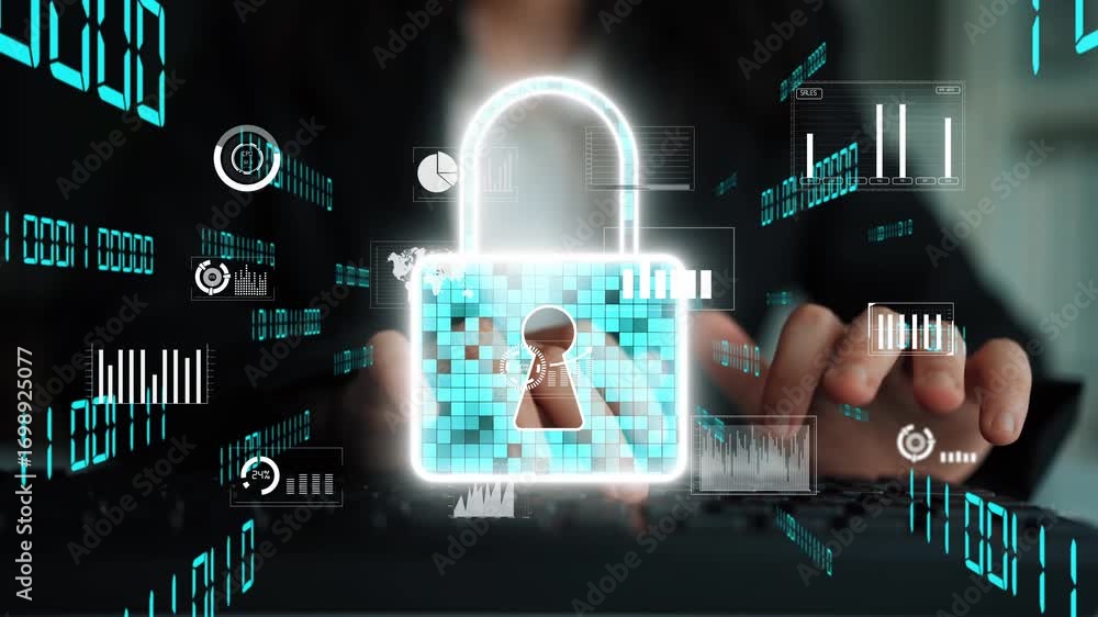 Poster a conceptual image showcasing a digital padlock superimposed on data visualizations, highlighting th
