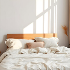 Obraz premium Minimal bedroom with sunlight and cozy bed