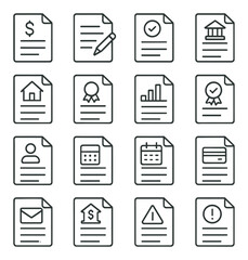 Business documents linear icon set. featuring invoice, contract, report, certificate, chart, profile, and email symbols