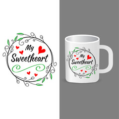 Love themed mug design featuring hearts, floral elements, and elegant typography. Ideal for Valentine’s Day, anniversaries, couple gifts, and print on demand merchandise.