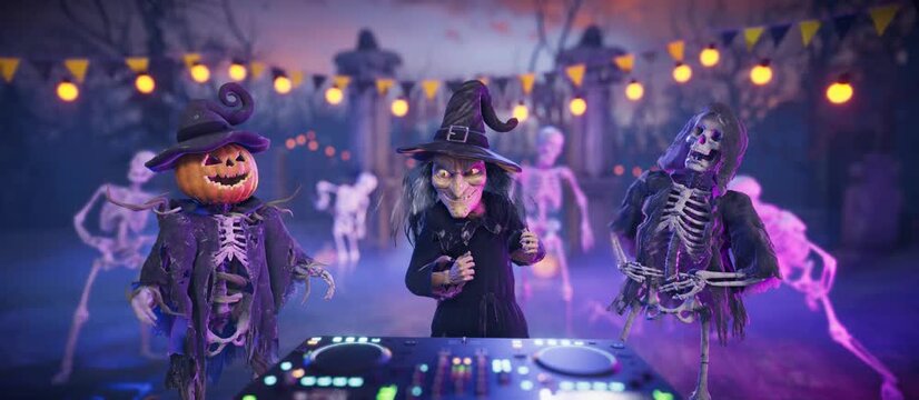 Halloween Party: Funny Pumpkin, Spooky Witch, and Dancing Skeletons Rock Out in a 3D Animated Video for Cards, Invitations, Posters, and Events