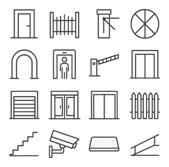 Security and building access linear icons set. featuring door, gate, turnstile, elevator, stairs, cctv, fence