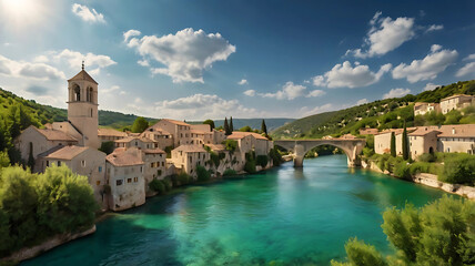 Obraz premium Stone riverside village in Provence under historic bridge