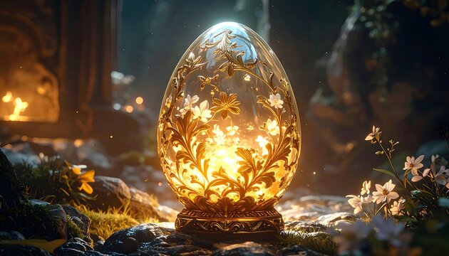 A luminous, ornate egg, adorned with delicate floral patterns and golden filigree, rests amidst a mystical forest setting, bathed in warm, golden light. - Powered by Adobe