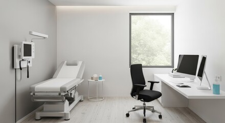 Modern medical examination room with an examination table, desk, and computer monitors.