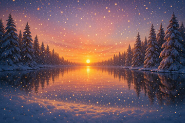 Sparkling Snow at Sunset Over a Calm Lake