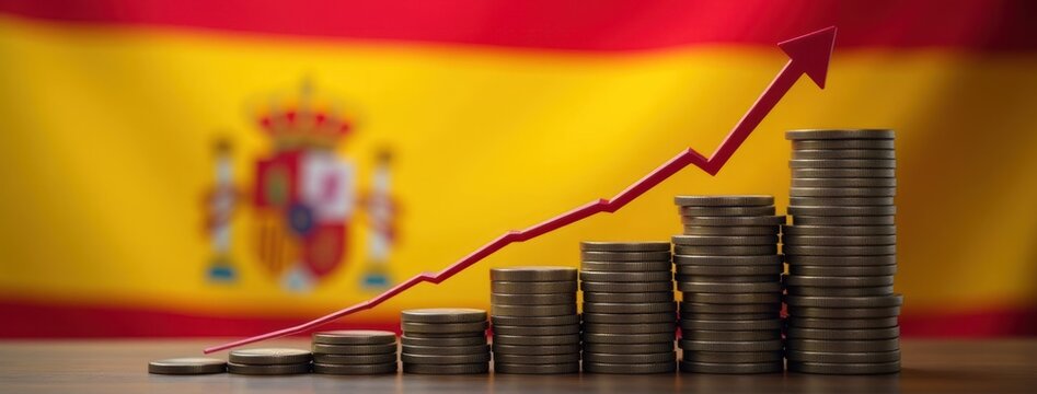Spanish Economy and Growth: Rising Coins and Arrow with Spain Flag. Ideal for illustrating Spain&rsquo;s economic growth, financial progress