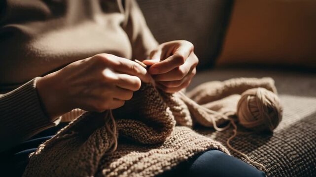 Close up of woman knitting a beige wool blanket on a couch in a warm indoor setting sunlight
