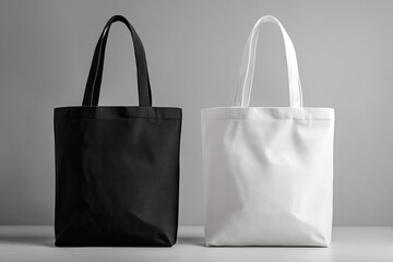 Two plain tote bags, black and white, on a gray surface