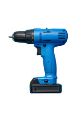 Vibrant blue cordless electric drill with a black battery pack adjustable chuck and drill bit isolated on transparent background.