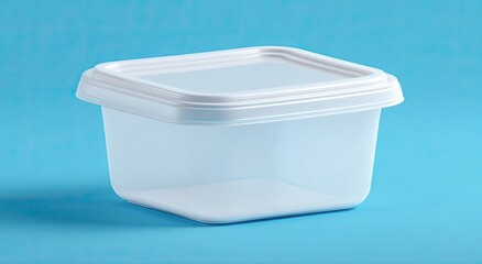Square, clear plastic food container with white lid on a light-blue background